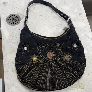 Black Embroidered Beaded Hobo Bag with Gem Accents